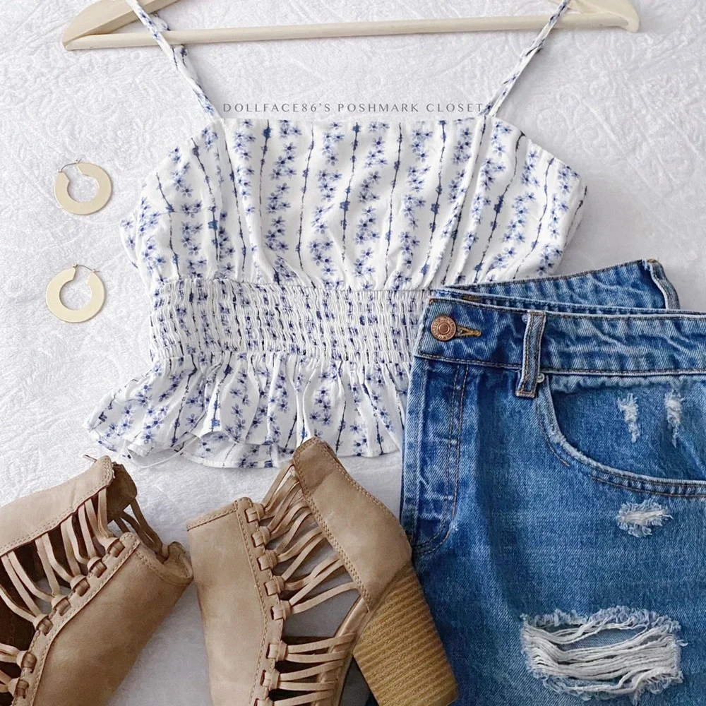 Blue + White Floral Print Smocked Waist Cropped Camisole - Picture 2 of 9
